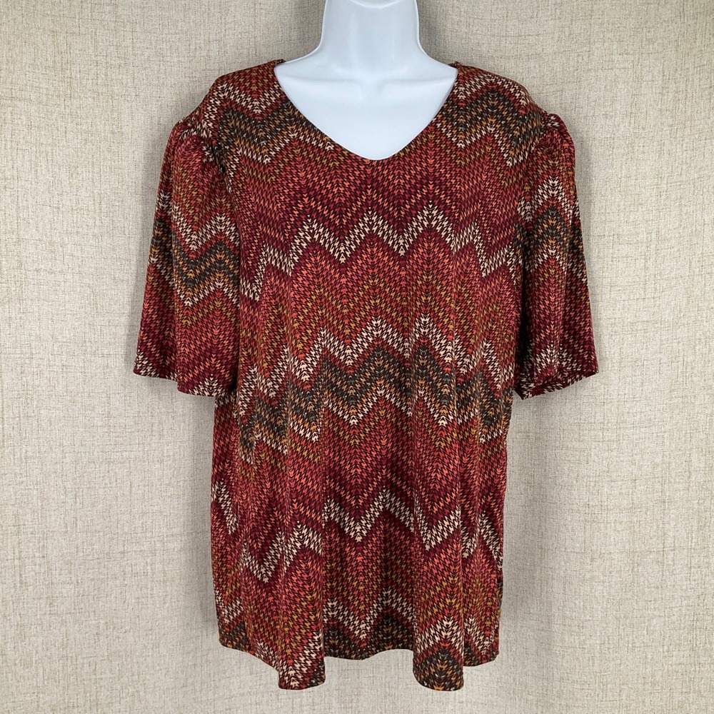 Cocomo Blouse Women XL Red Orange Chevron Zig Zag Short Sleeve‎ Boho V-Neck Top